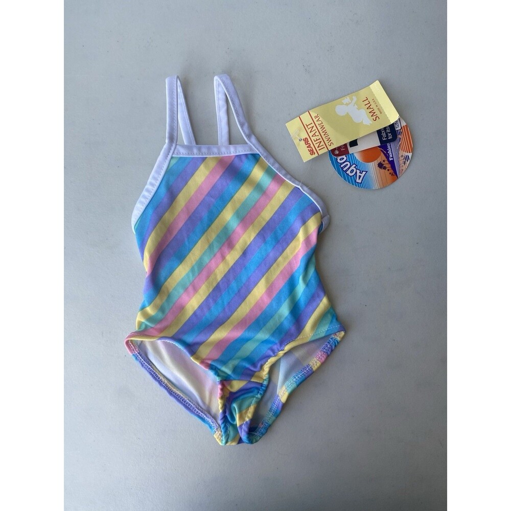 VTG Sears Aqua Babes Infant Girls Swimsuit NWT 12 Months Pastel Rainbow Stripe